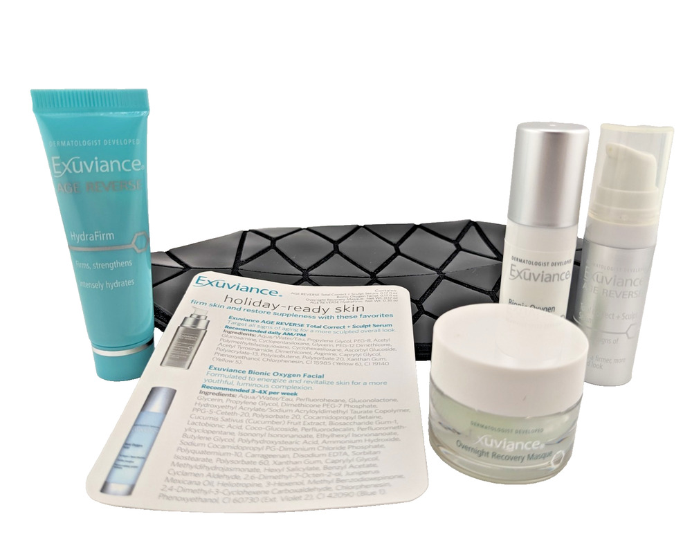 Exuviance Holiday-Ready Skin Anti-Aging 5pc Travel Gift Set Serum, Masque, Bag